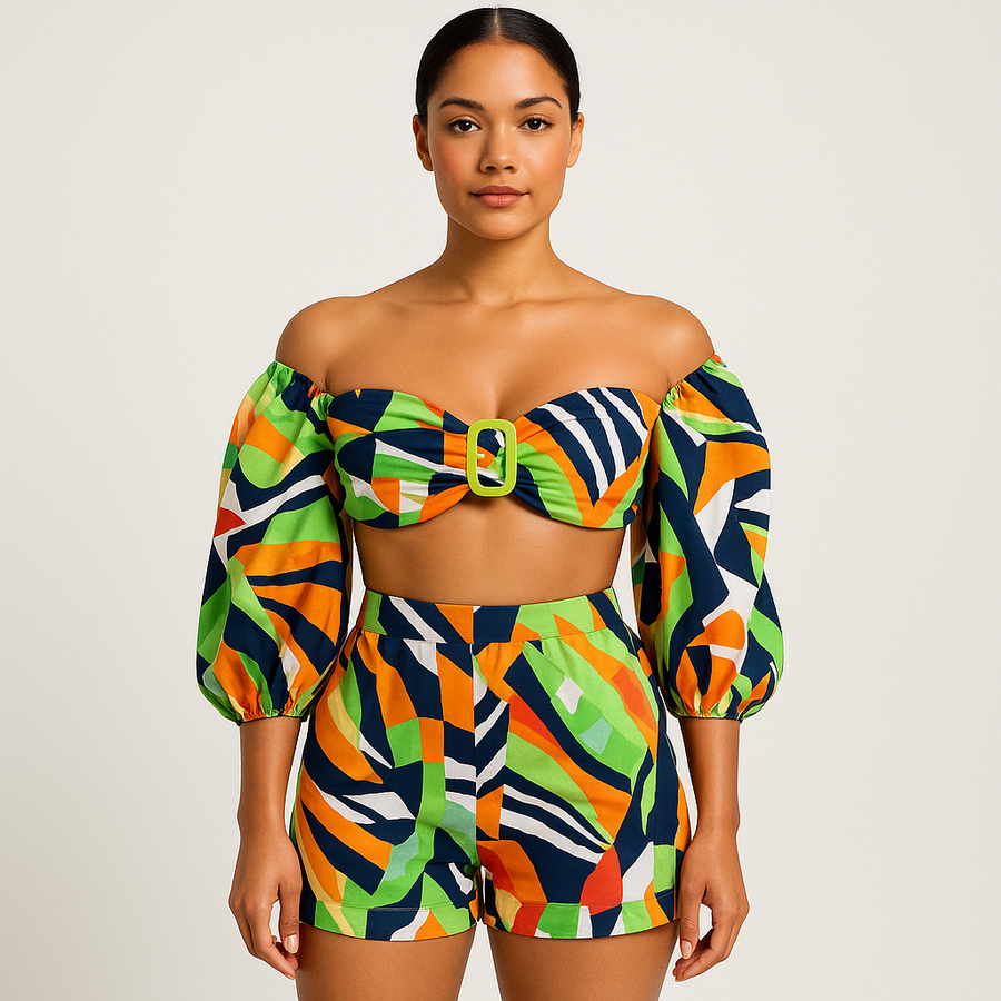 Two Piece Puff Sleeve Short Set