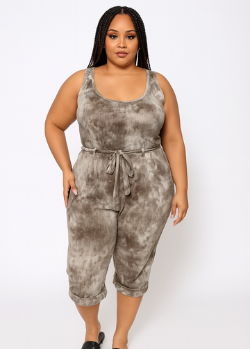 Tie Dye Sleeveless Waist Belt Jumpsuit