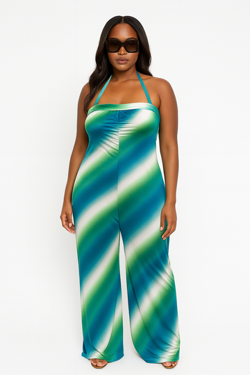 Stripped Wide Leg Pants Halter with Pockets