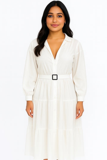 Poplin/Mesh Dress with Belt